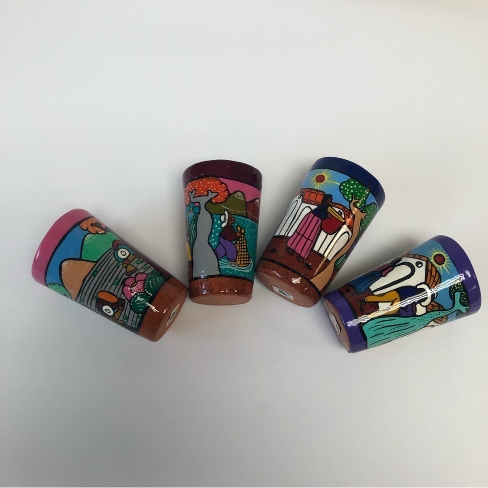 Set of 4/Tequila Shot Glass / NWT/ Hand Painted Colorful Mini Clay